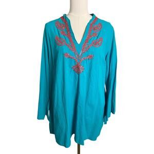 Avon Beaded Sequin Embroidered Tunic Blouse Womens 1X Blue Boho Long Sleeve